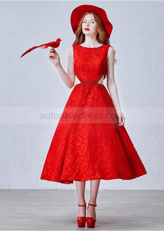 Beaded Lace Corset Back Tea Length Classic Evening Dress